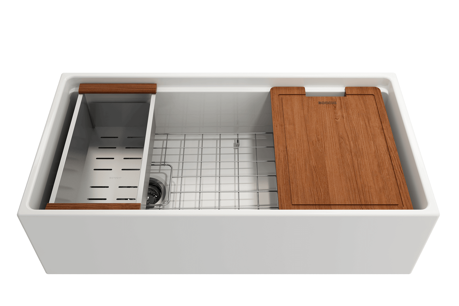 BOCCHI Contempo 36" Fireclay Workstation Farmhouse Sink with Accessories, White, 1505-001-0120