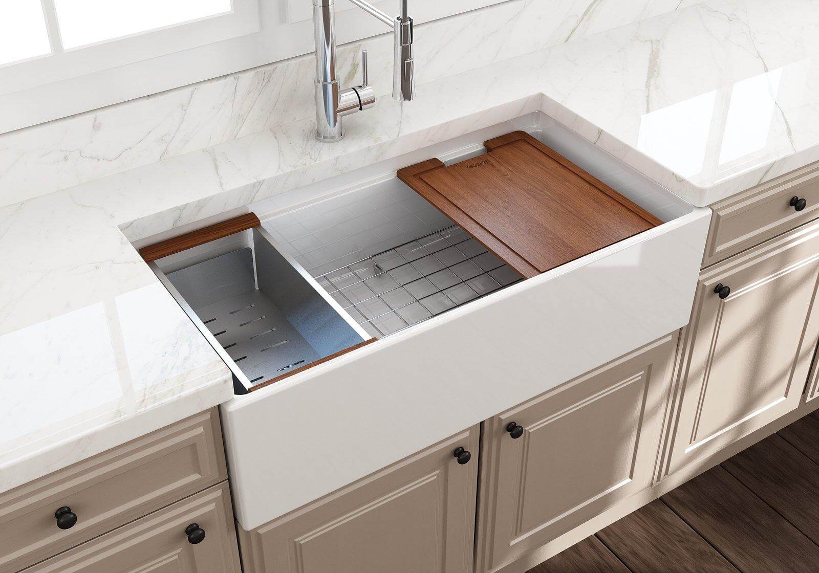 BOCCHI Contempo 36" Fireclay Workstation Farmhouse Sink with Accessories, White, 1505-001-0120