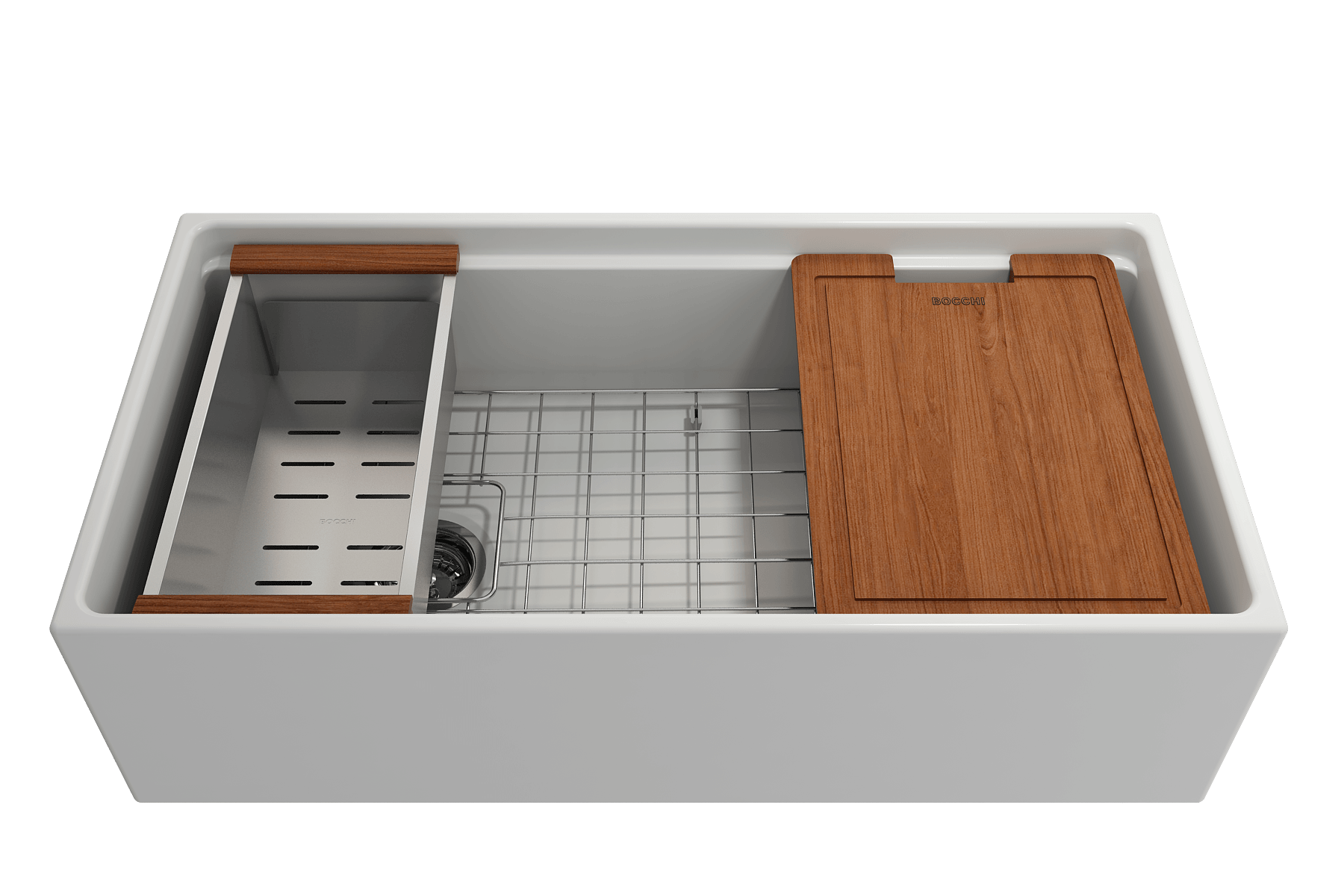 BOCCHI Contempo 36" Fireclay Workstation Farmhouse Sink with Accessories, Matte White, 1505-002-0120