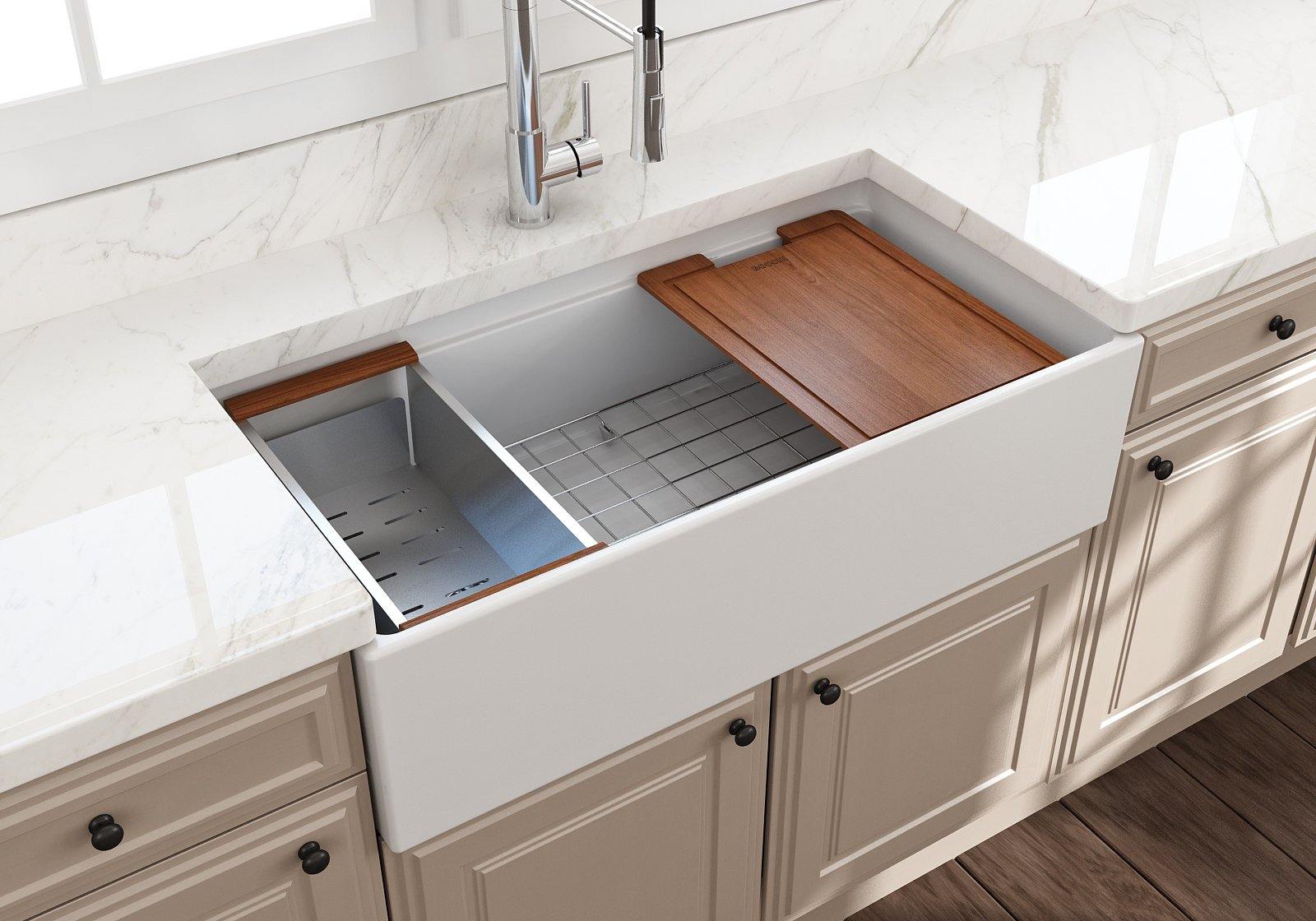 BOCCHI Contempo 36" Fireclay Workstation Farmhouse Sink with Accessories, Matte White, 1505-002-0120