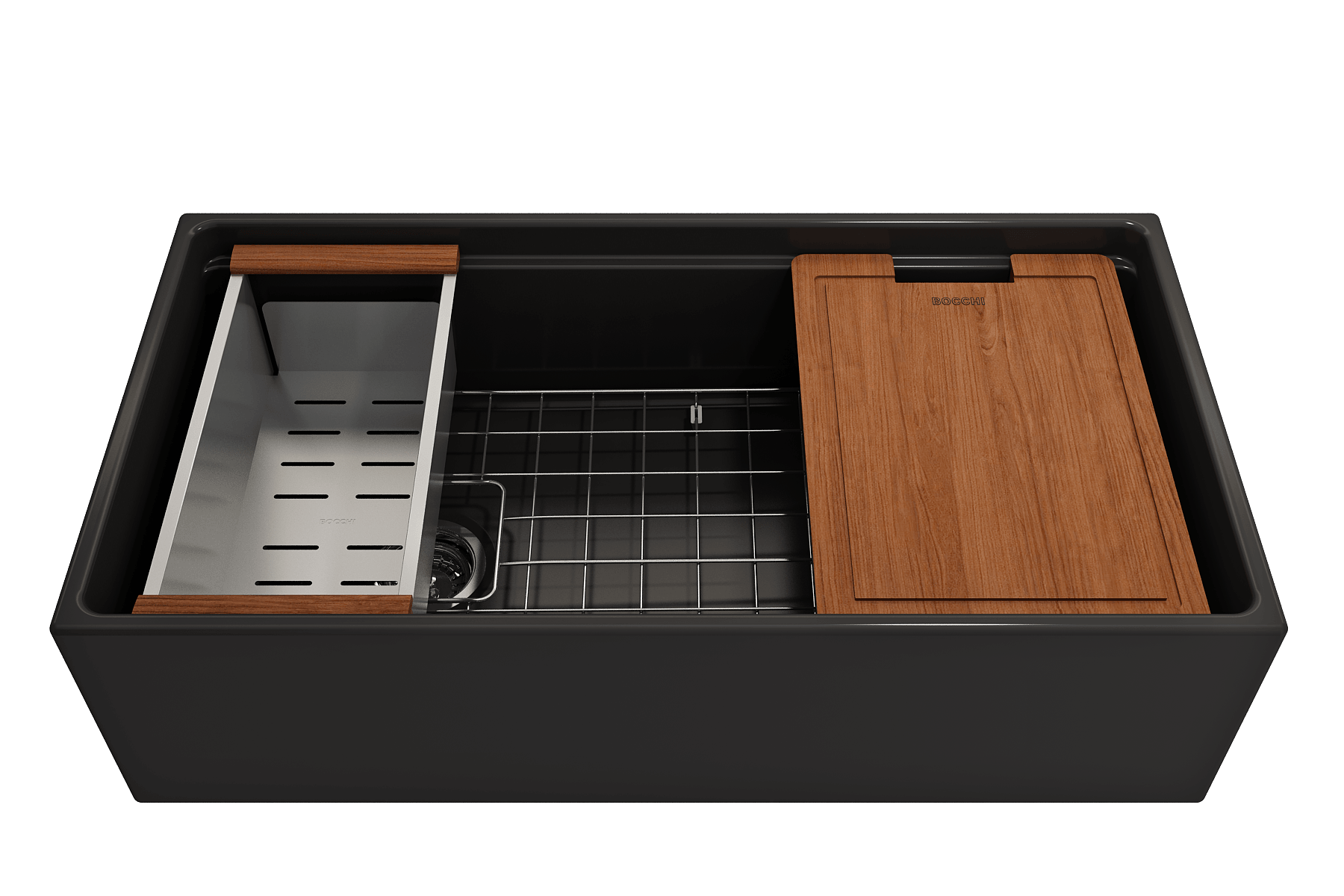 BOCCHI Contempo 36" Fireclay Workstation Farmhouse Sink with Accessories, Matte Black, 1505-004-0120