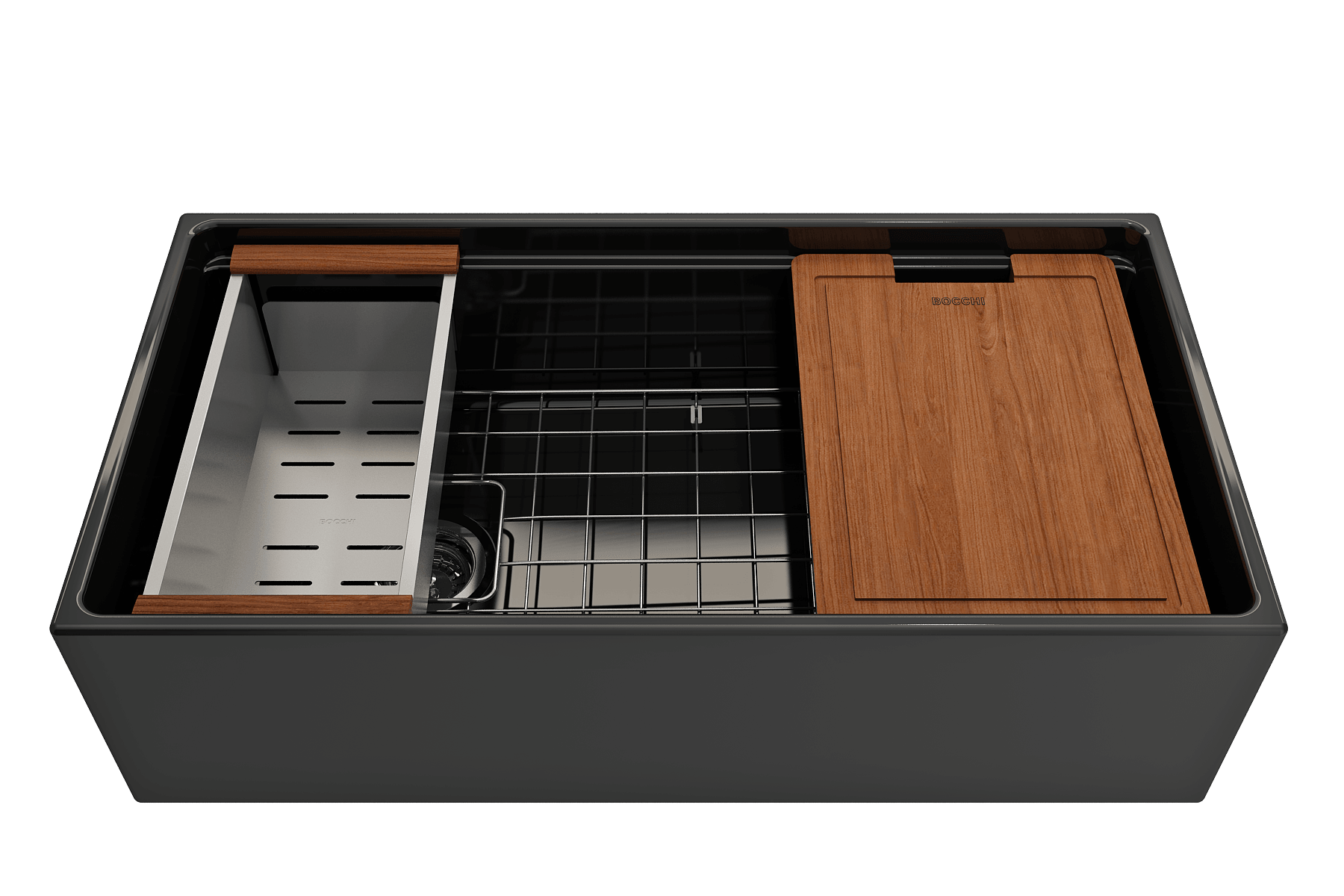 BOCCHI Contempo 36" Fireclay Workstation Farmhouse Sink with Accessories, Black, 1505-005-0120