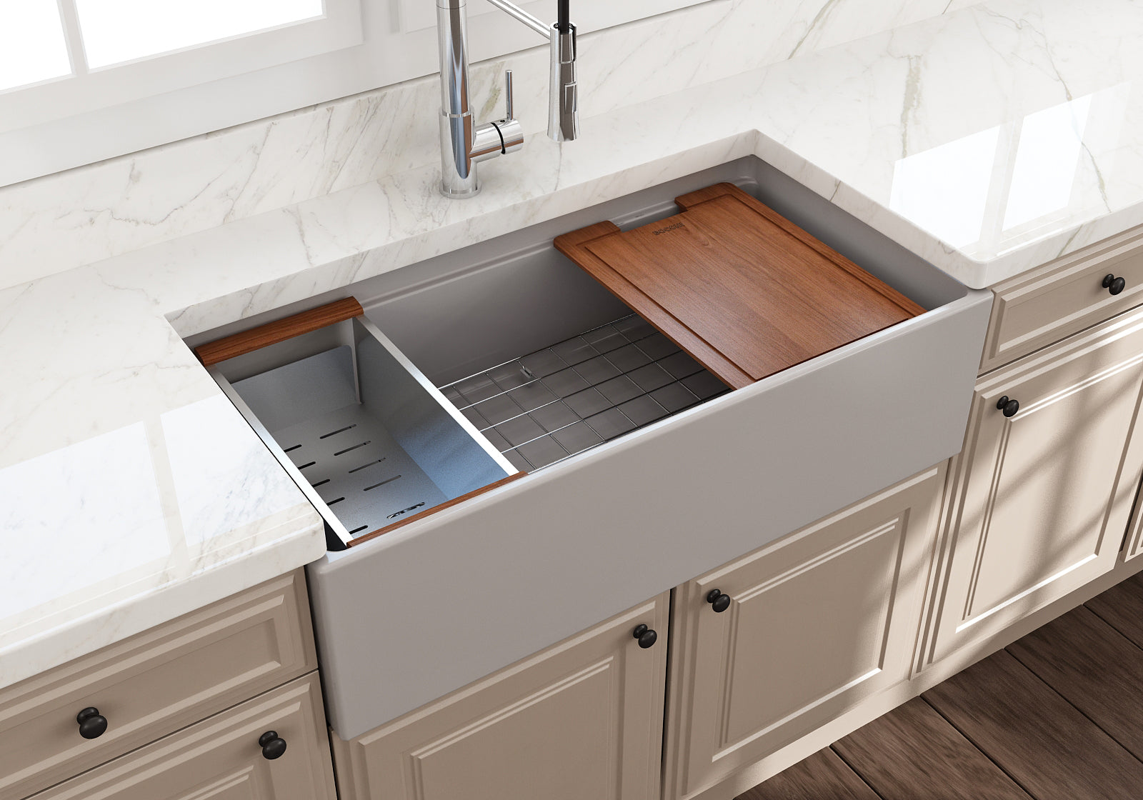 BOCCHI Contempo 36" Fireclay Workstation Farmhouse Sink with Accessories, Matte Gray, 1505-006-0120