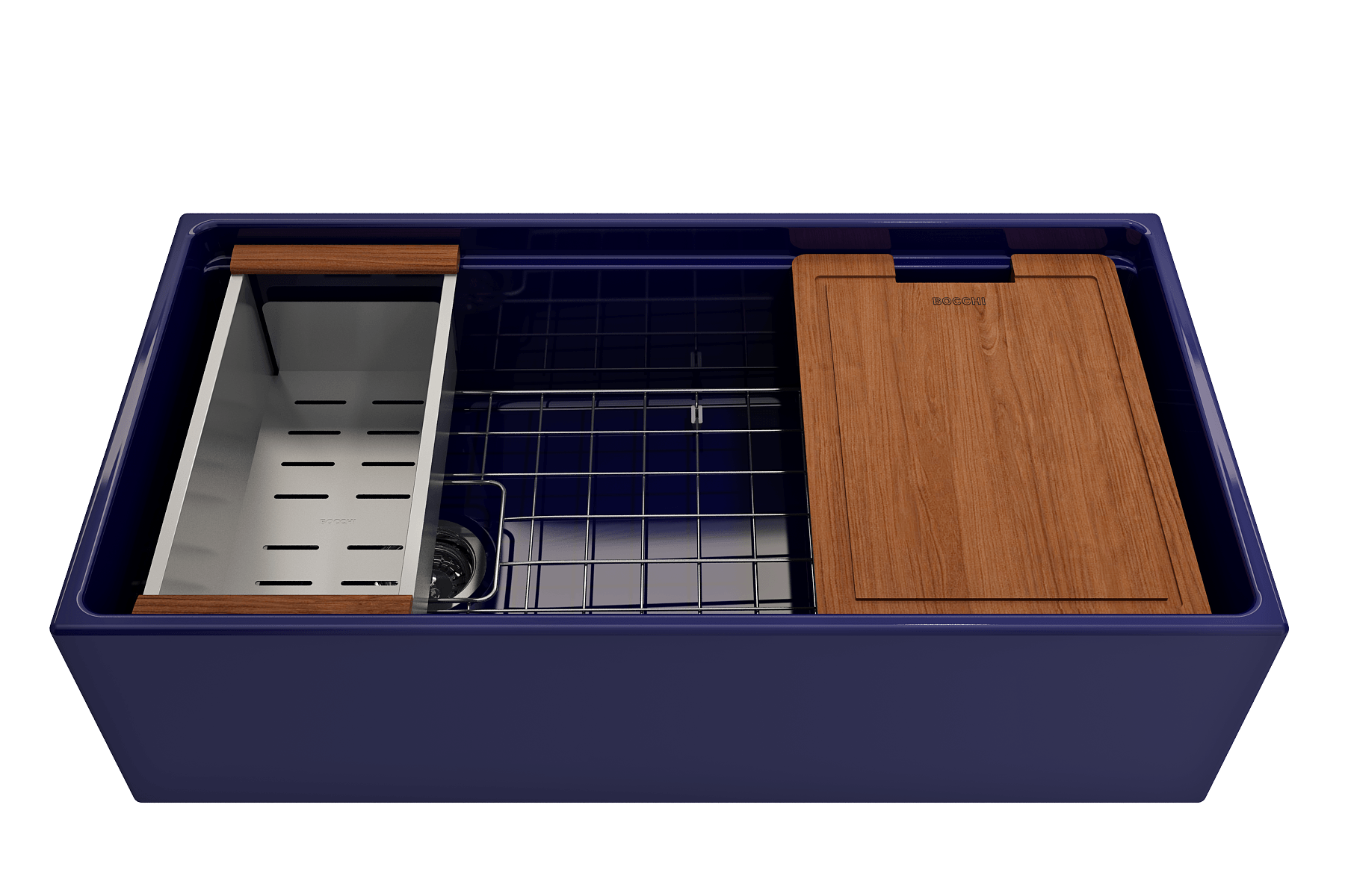 BOCCHI Contempo 36" Fireclay Workstation Farmhouse Sink with Accessories, Sapphire Blue, 1505-010-0120