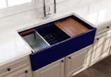 BOCCHI Contempo 36" Fireclay Workstation Farmhouse Sink with Accessories, Sapphire Blue, 1505-010-0120