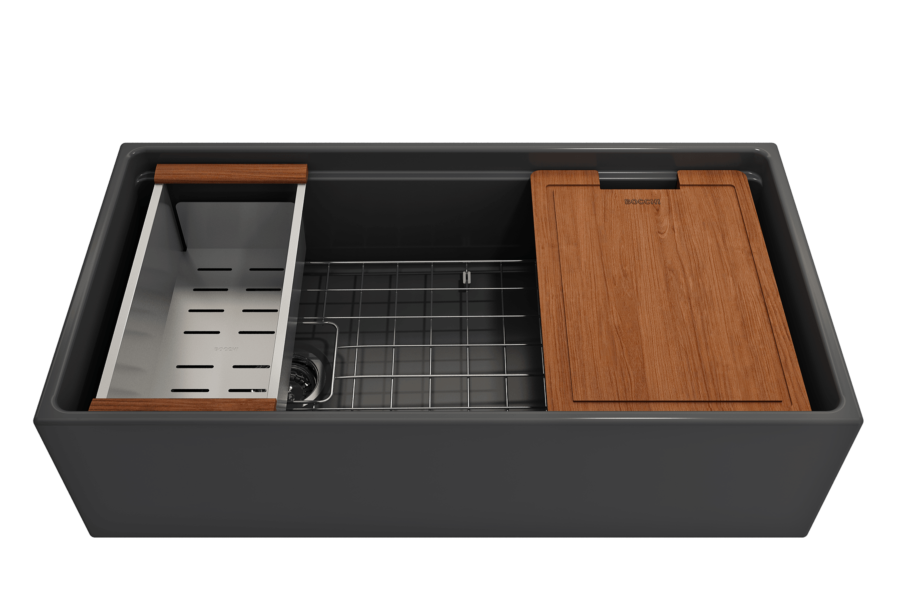 BOCCHI Contempo 36" Fireclay Workstation Farmhouse Sink with Accessories, Matte Dark Gray, 1505-020-0120