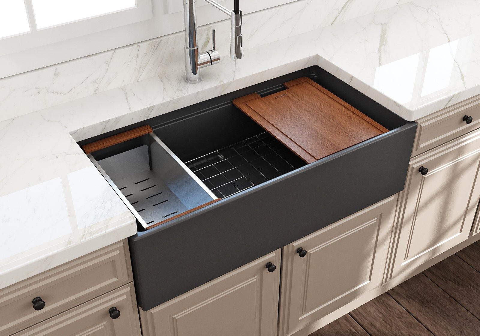 BOCCHI Contempo 36" Fireclay Workstation Farmhouse Sink with Accessories, Matte Dark Gray, 1505-020-0120