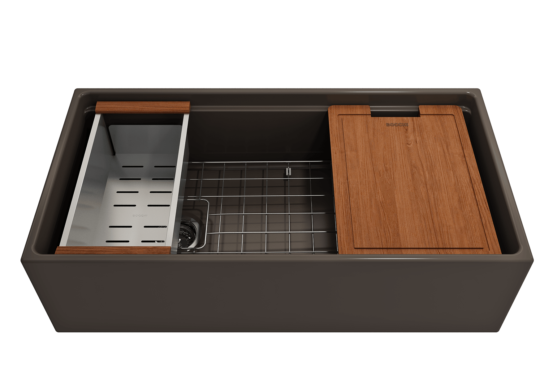BOCCHI Contempo 36" Fireclay Workstation Farmhouse Sink with Accessories, Matte Brown, 1505-025-0120