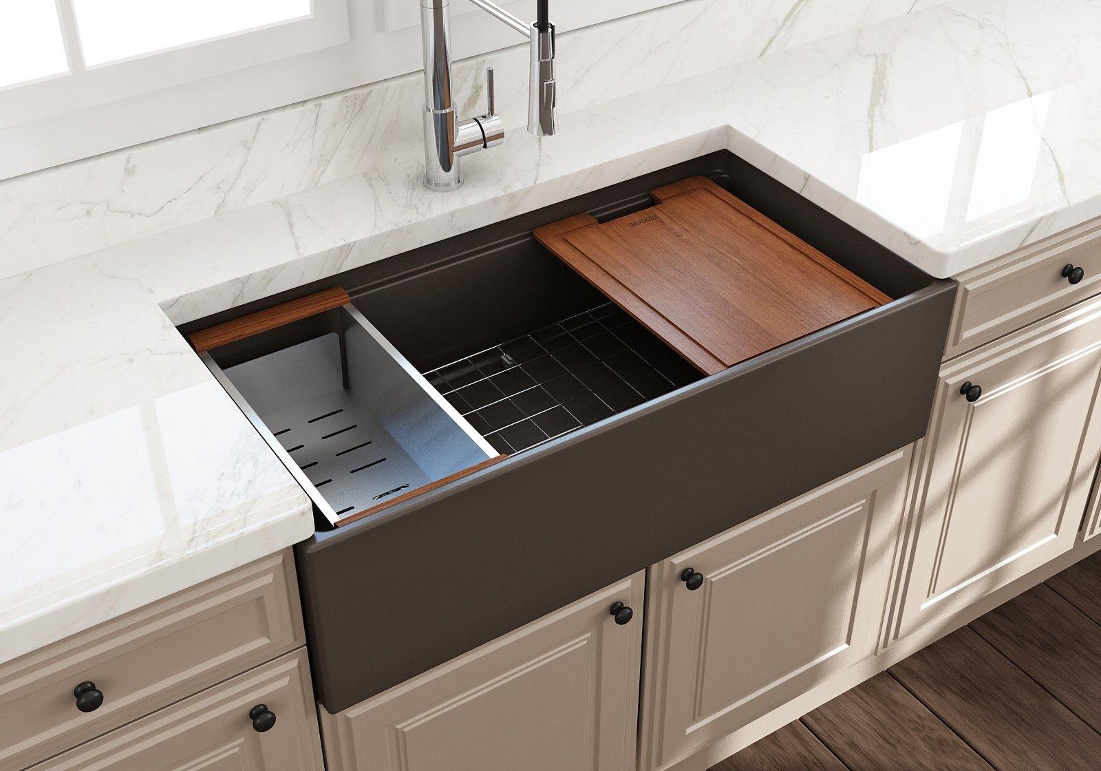BOCCHI Contempo 36" Fireclay Workstation Farmhouse Sink with Accessories, Matte Brown, 1505-025-0120