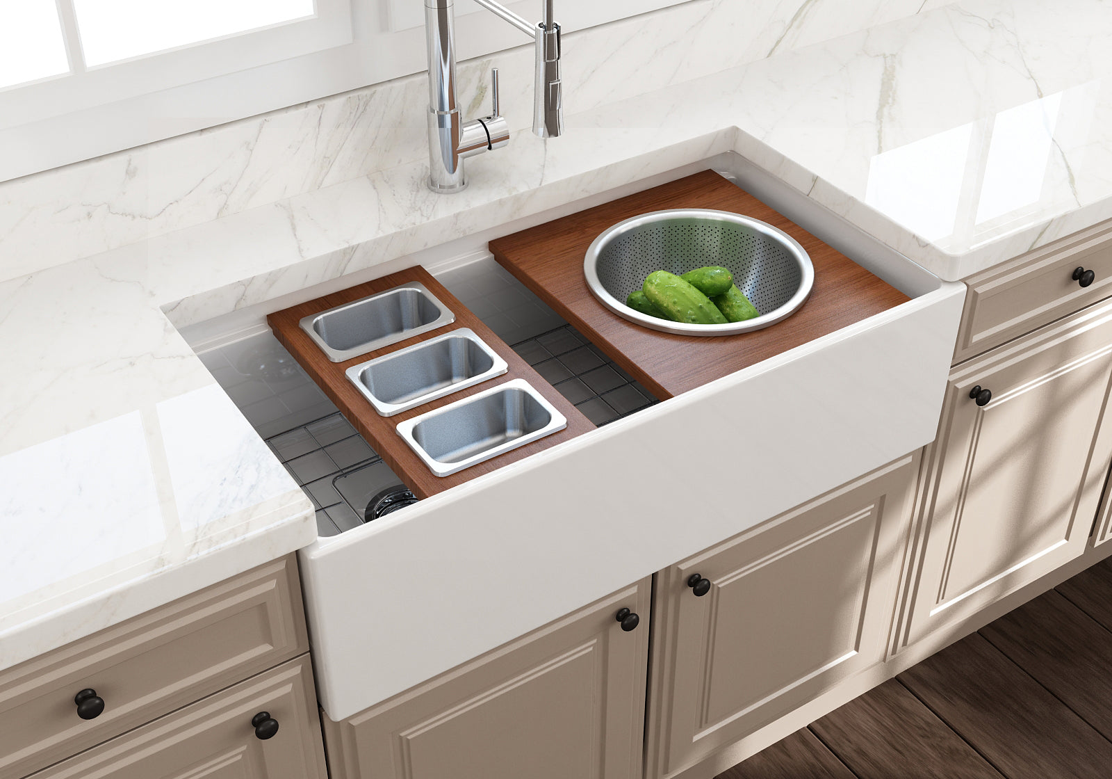 BOCCHI Wood Board with Large Round Stainless Steel Mixing Bowl and Colander