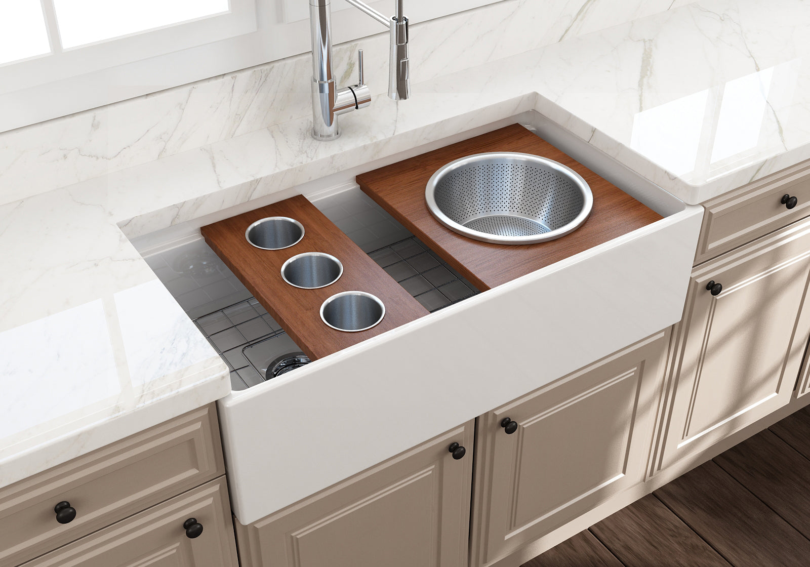 BOCCHI Wood Board with 3 Round Stainless Steel Bowls