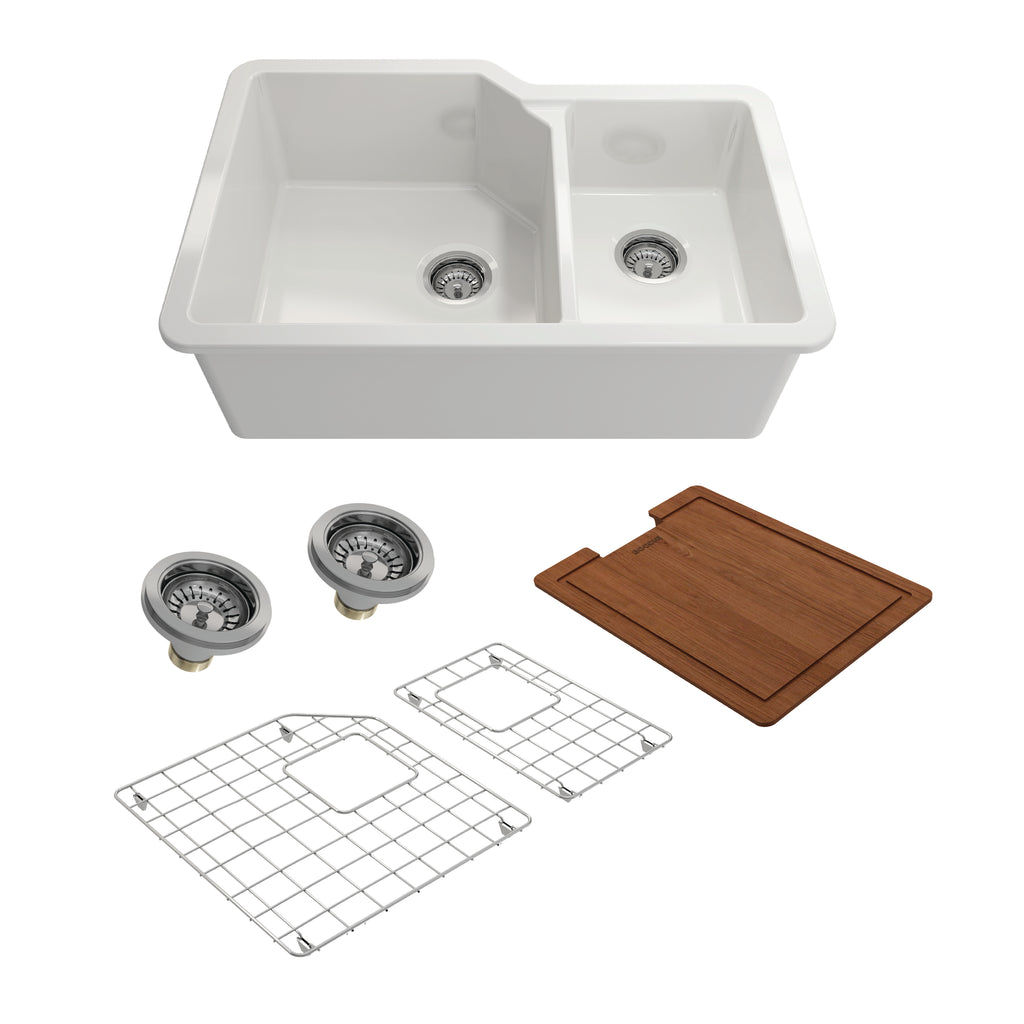 BOCCHI Sotto 33" Dual Mount Fireclay Workstation Kitchen Sink Kit with Accessories, 60/40 Double Bowl, White, 1506-001-KIT1