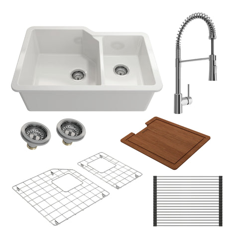 BOCCHI Sotto 33" White Dual Mount Fireclay Workstation Kitchen Sink Kit with Chrome Faucet and Accessories, 60/40 Double Bowl, 1506-001-2020CH