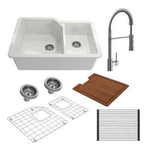 Alternate Image for BOCCHI Sotto 33" White Dual Mount Fireclay Workstation Kitchen Sink Kit with Stainless Steel Faucet, 60/40 Double Bowl, 1506-001-2020SS