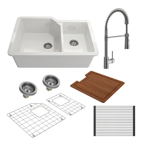 BOCCHI Sotto 33" White Dual Mount Fireclay Workstation Kitchen Sink Kit with Stainless Steel Faucet, 60/40 Double Bowl, 1506-001-2020SS