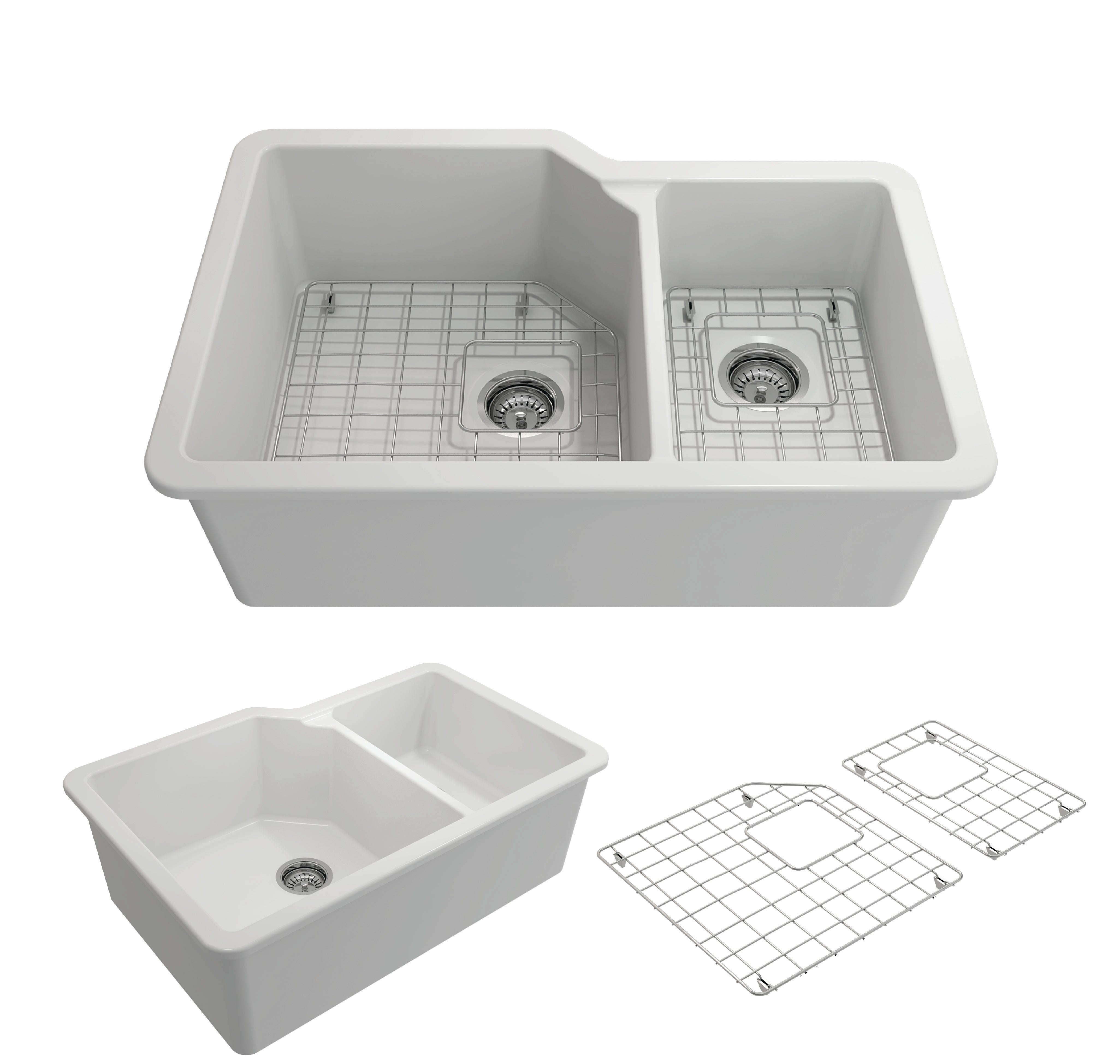 BOCCHI Sotto 33" Dual Mount Fireclay Kitchen Sink with Accessories, 60/40 Double Bowl, Matte White, 1506-002-0120