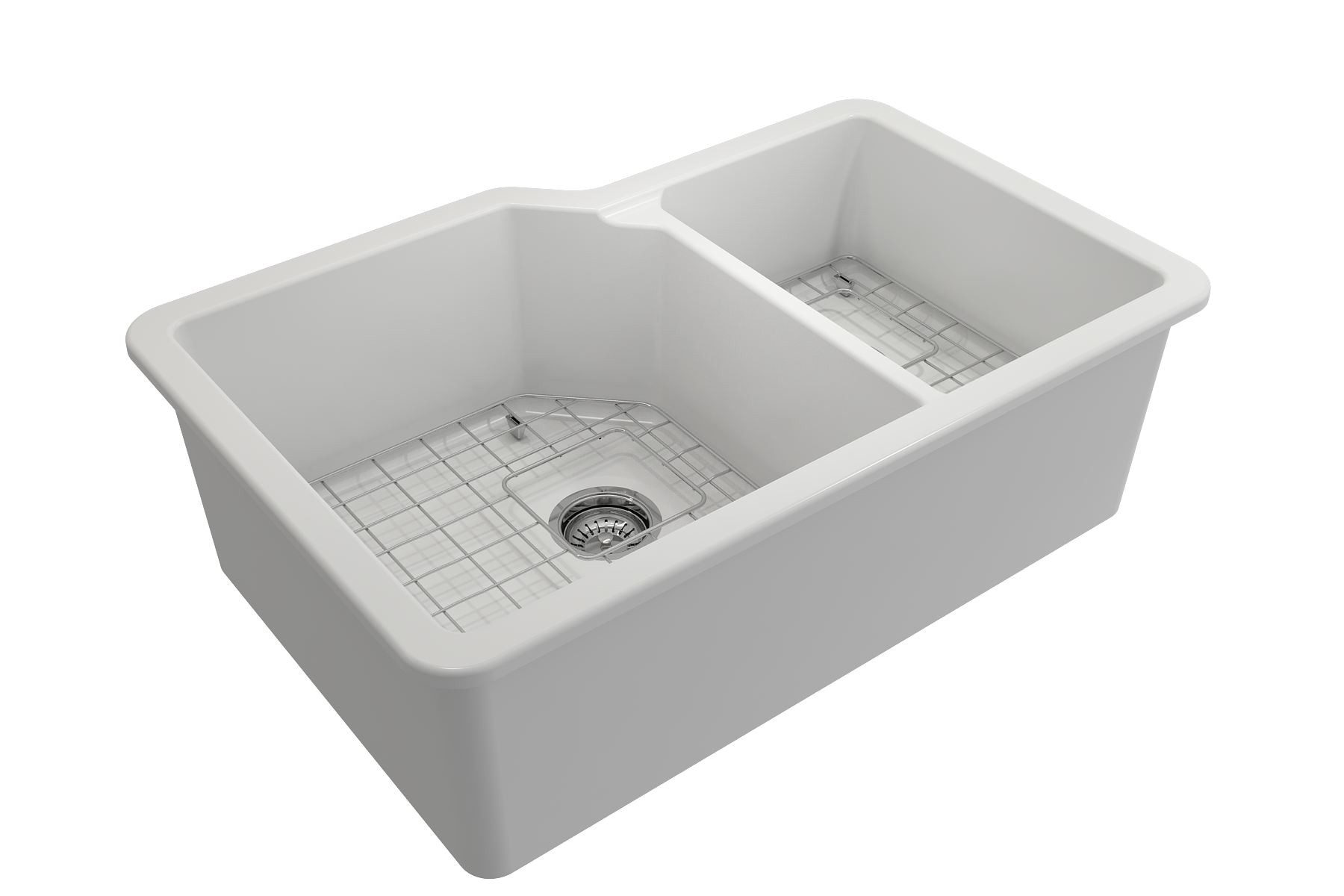 BOCCHI Sotto 33" Dual Mount Fireclay Kitchen Sink with Accessories, 60/40 Double Bowl, Matte White, 1506-002-0120