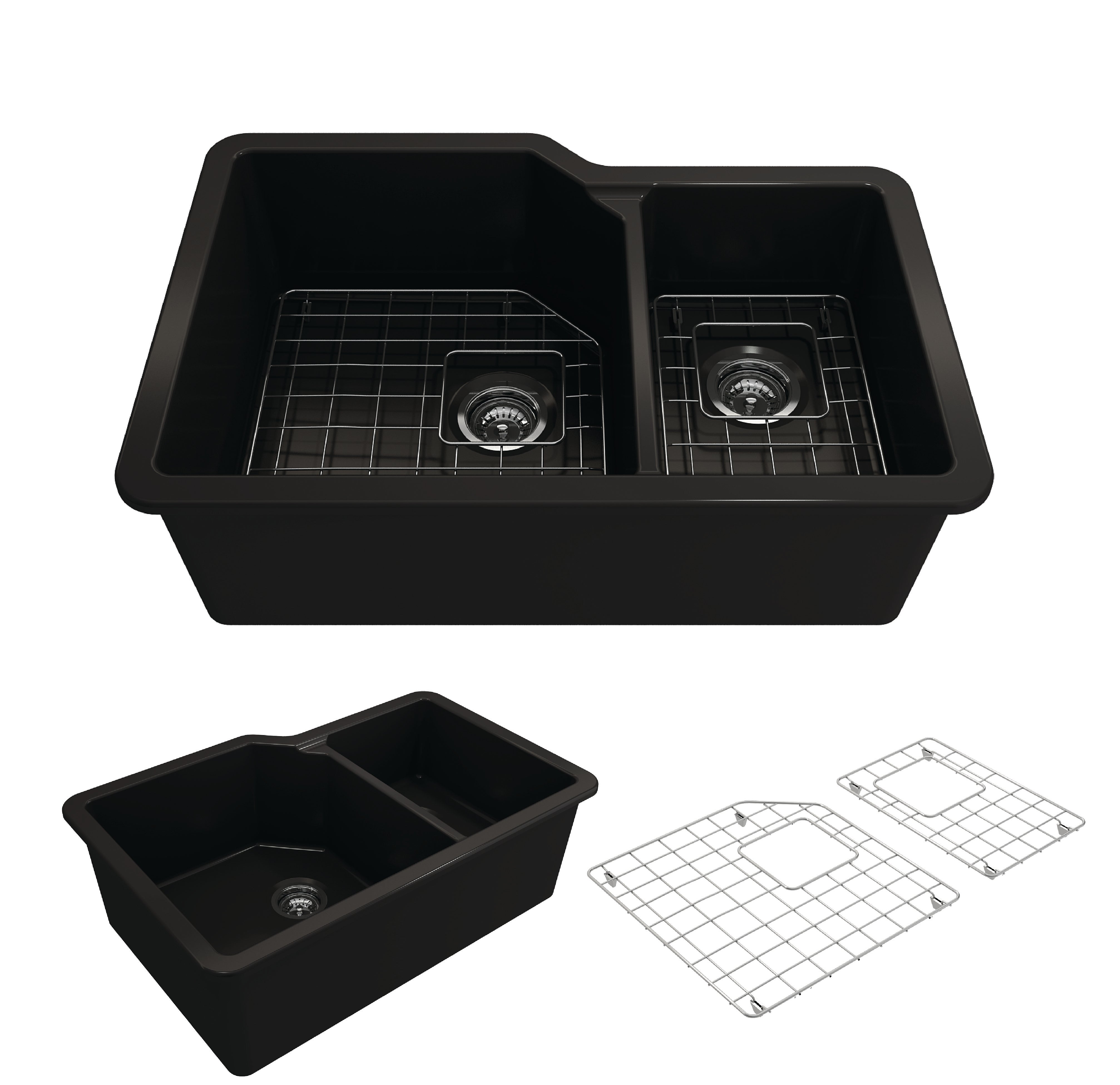 BOCCHI Sotto 33" Dual Mount Fireclay Kitchen Sink with Accessories, 60/40 Double Bowl, Matte Black, 1506-004-0120