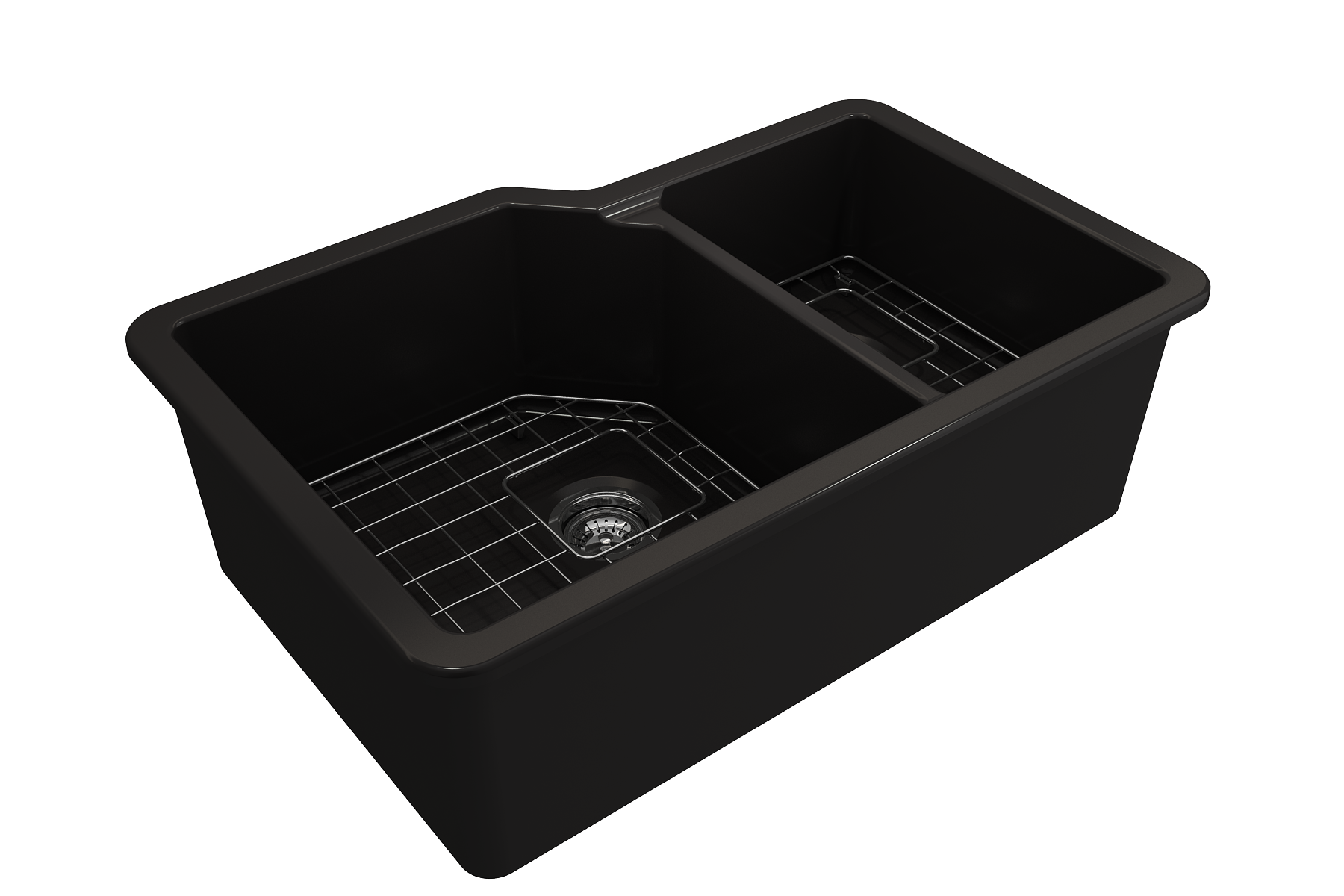 BOCCHI Sotto 33" Dual Mount Fireclay Kitchen Sink with Accessories, 60/40 Double Bowl, Matte Black, 1506-004-0120