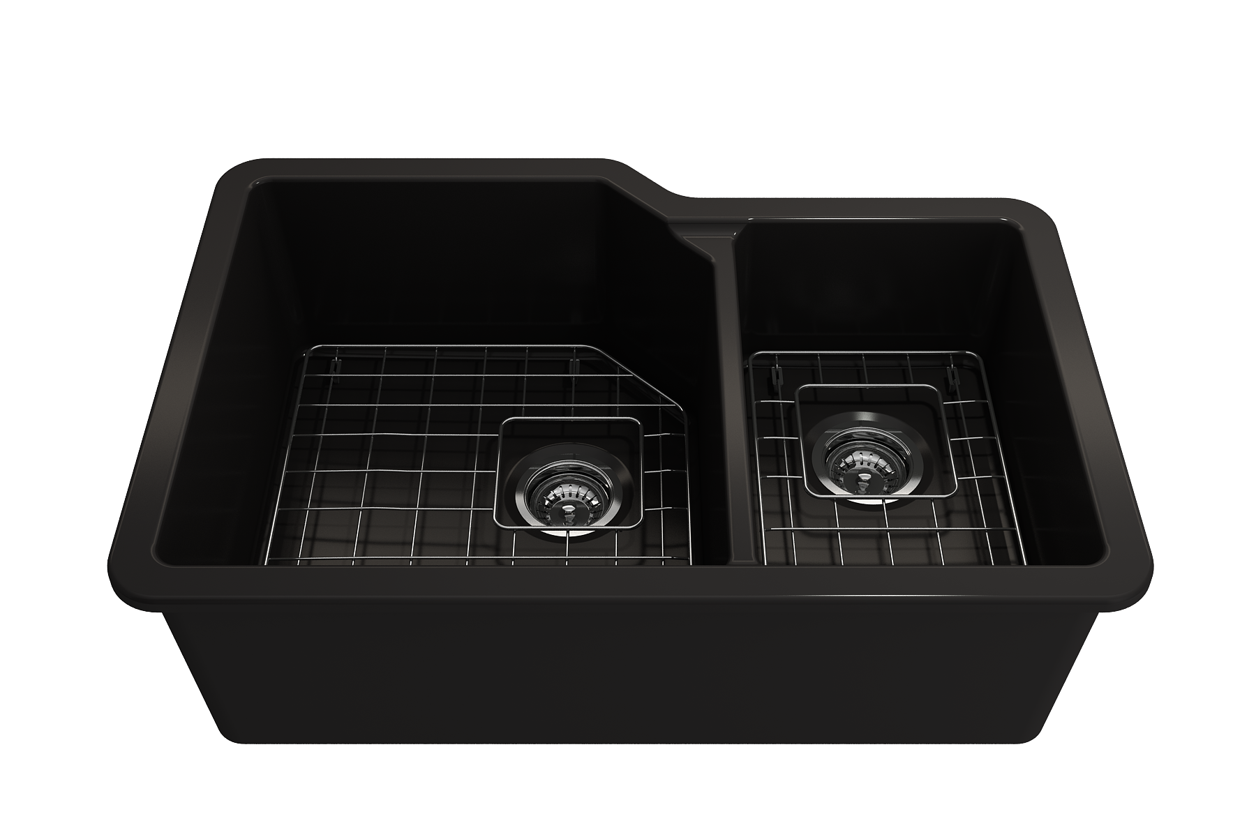 BOCCHI Sotto 33" Dual Mount Fireclay Kitchen Sink with Accessories, 60/40 Double Bowl, Matte Black, 1506-004-0120