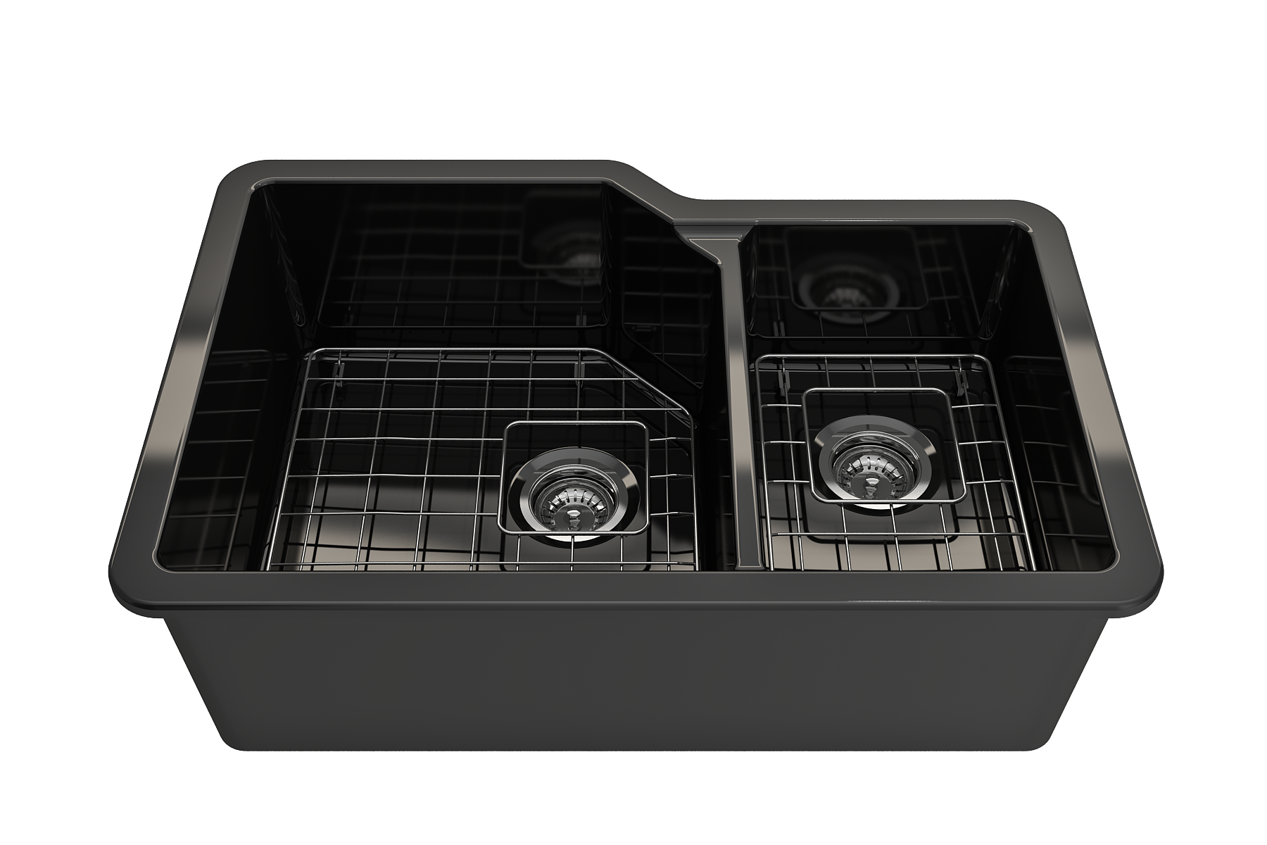 BOCCHI Sotto 33" Dual Mount Fireclay Kitchen Sink with Accessories, 60/40 Double Bowl, Black, 1506-005-0120
