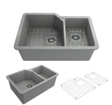 BOCCHI Sotto 33" Dual Mount Fireclay Kitchen Sink with Accessories, 60/40 Double Bowl, Matte Gray, 1506-006-0120