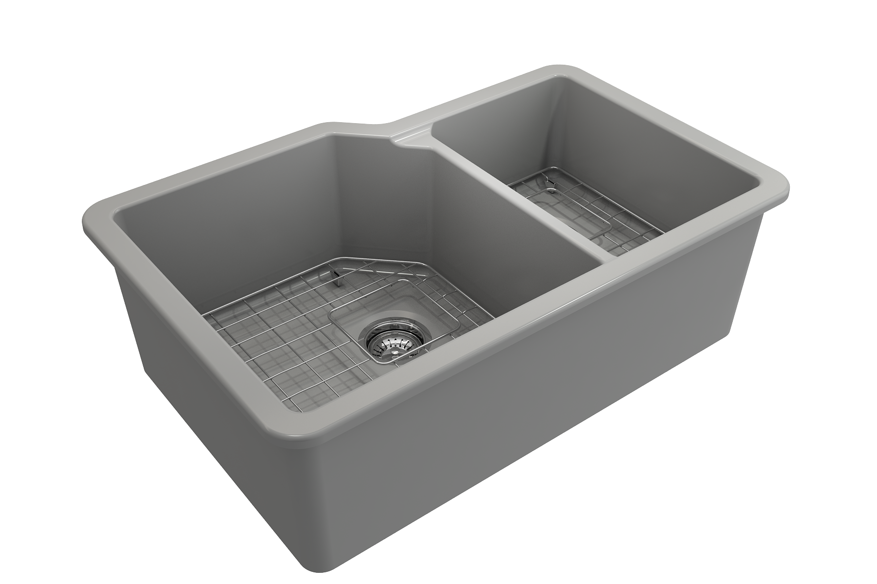 BOCCHI Sotto 33" Dual Mount Fireclay Kitchen Sink with Accessories, 60/40 Double Bowl, Matte Gray, 1506-006-0120