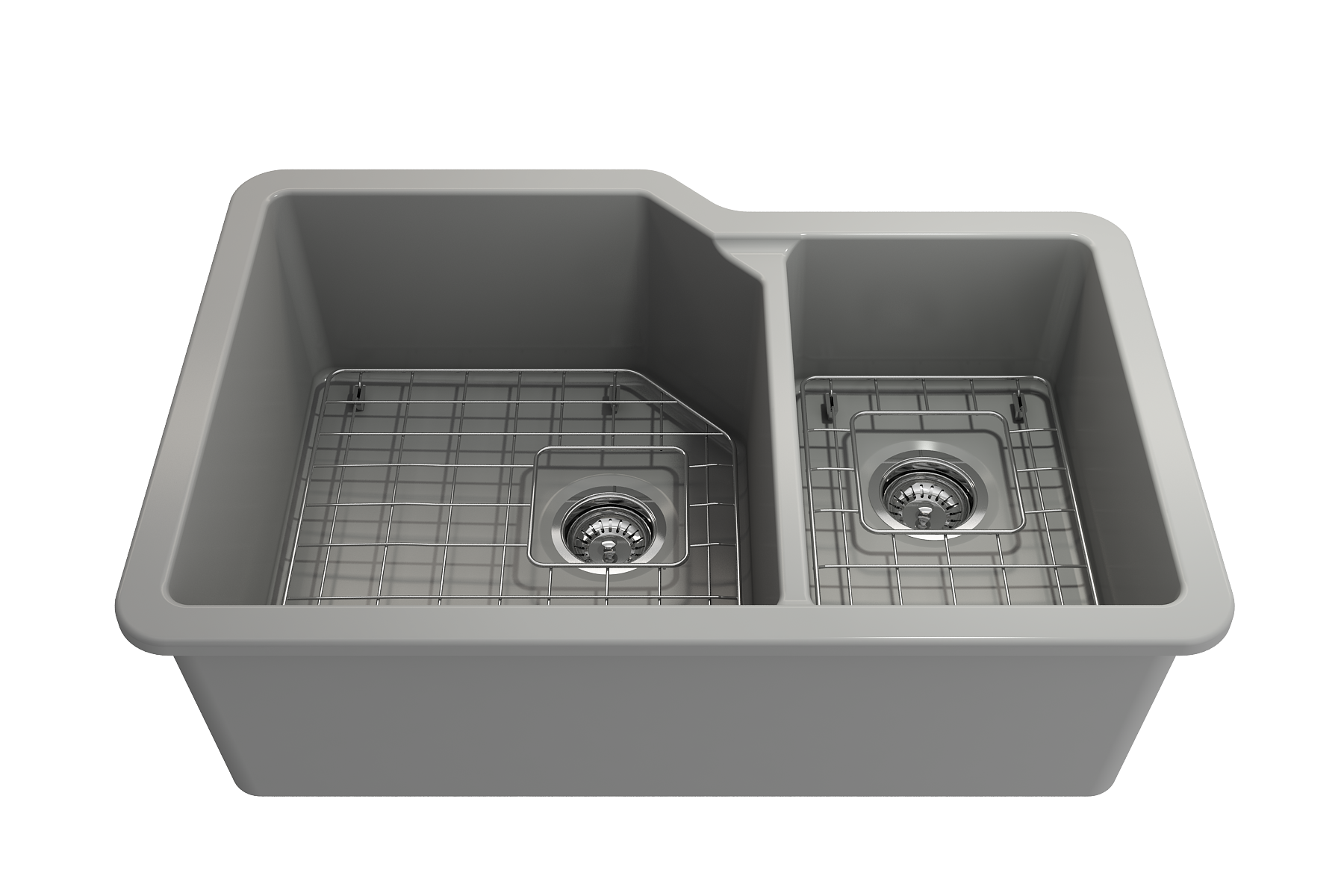 BOCCHI Sotto 33" Dual Mount Fireclay Kitchen Sink with Accessories, 60/40 Double Bowl, Matte Gray, 1506-006-0120