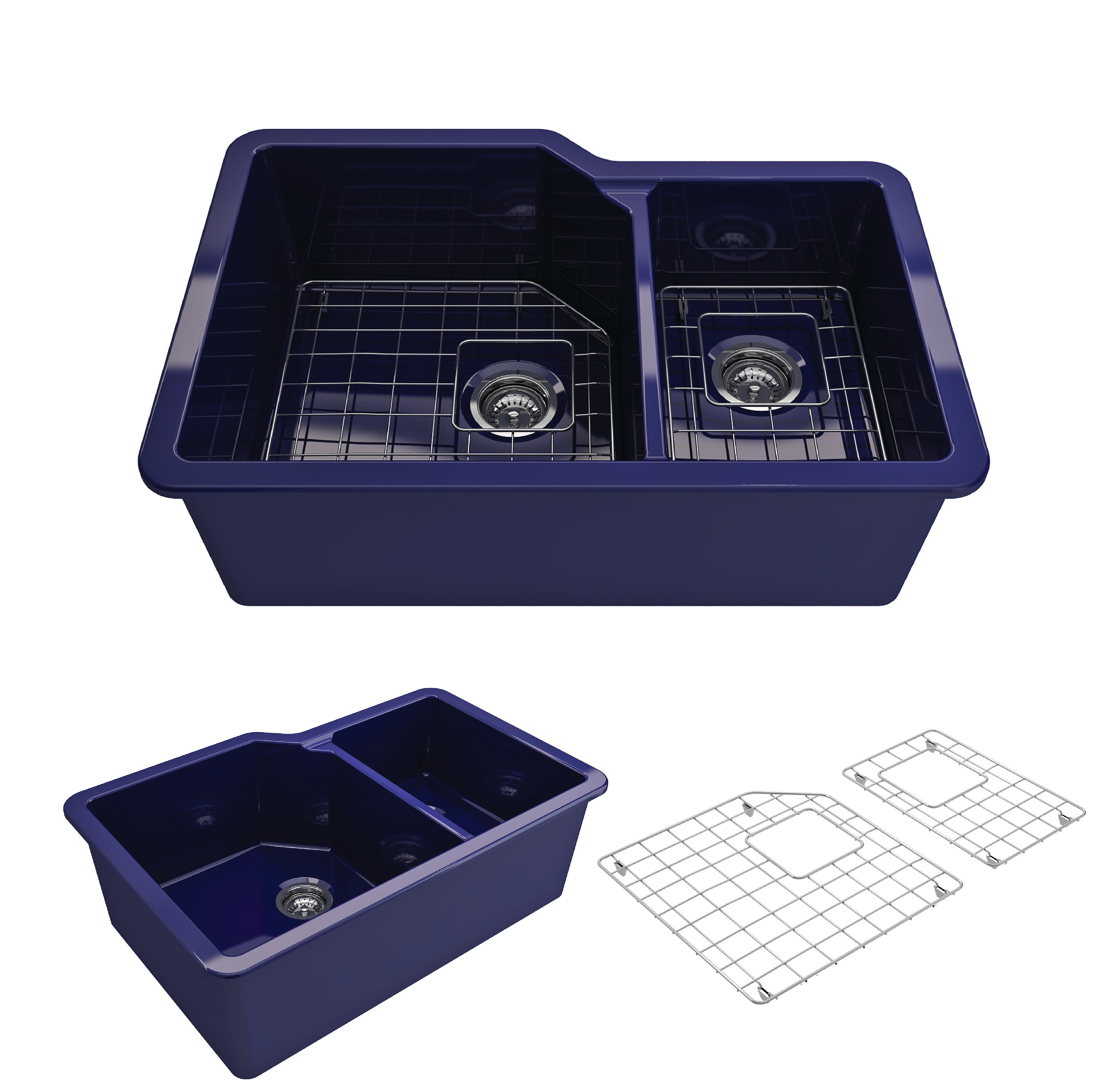 BOCCHI Sotto 33" Dual Mount Fireclay Kitchen Sink with Accessories, 60/40 Double Bowl, Sapphire Blue, 1506-010-0120