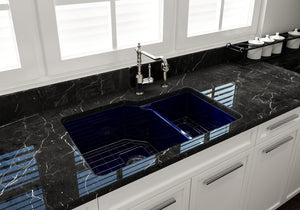 Alternate Image for BOCCHI Sotto 33" Dual Mount Fireclay Kitchen Sink with Accessories, 60/40 Double Bowl, Sapphire Blue, 1506-010-0120