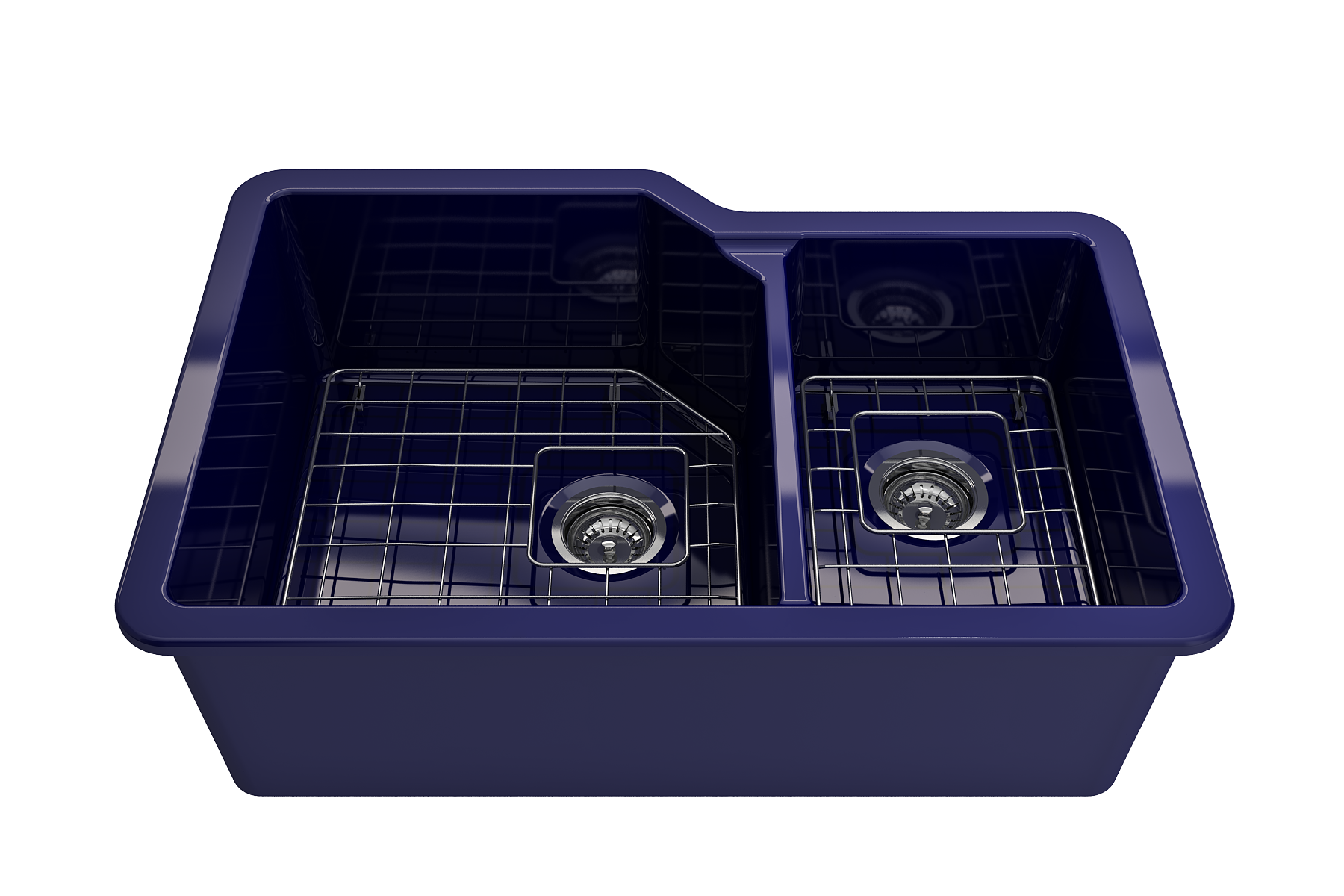 BOCCHI Sotto 33" Dual Mount Fireclay Kitchen Sink with Accessories, 60/40 Double Bowl, Sapphire Blue, 1506-010-0120