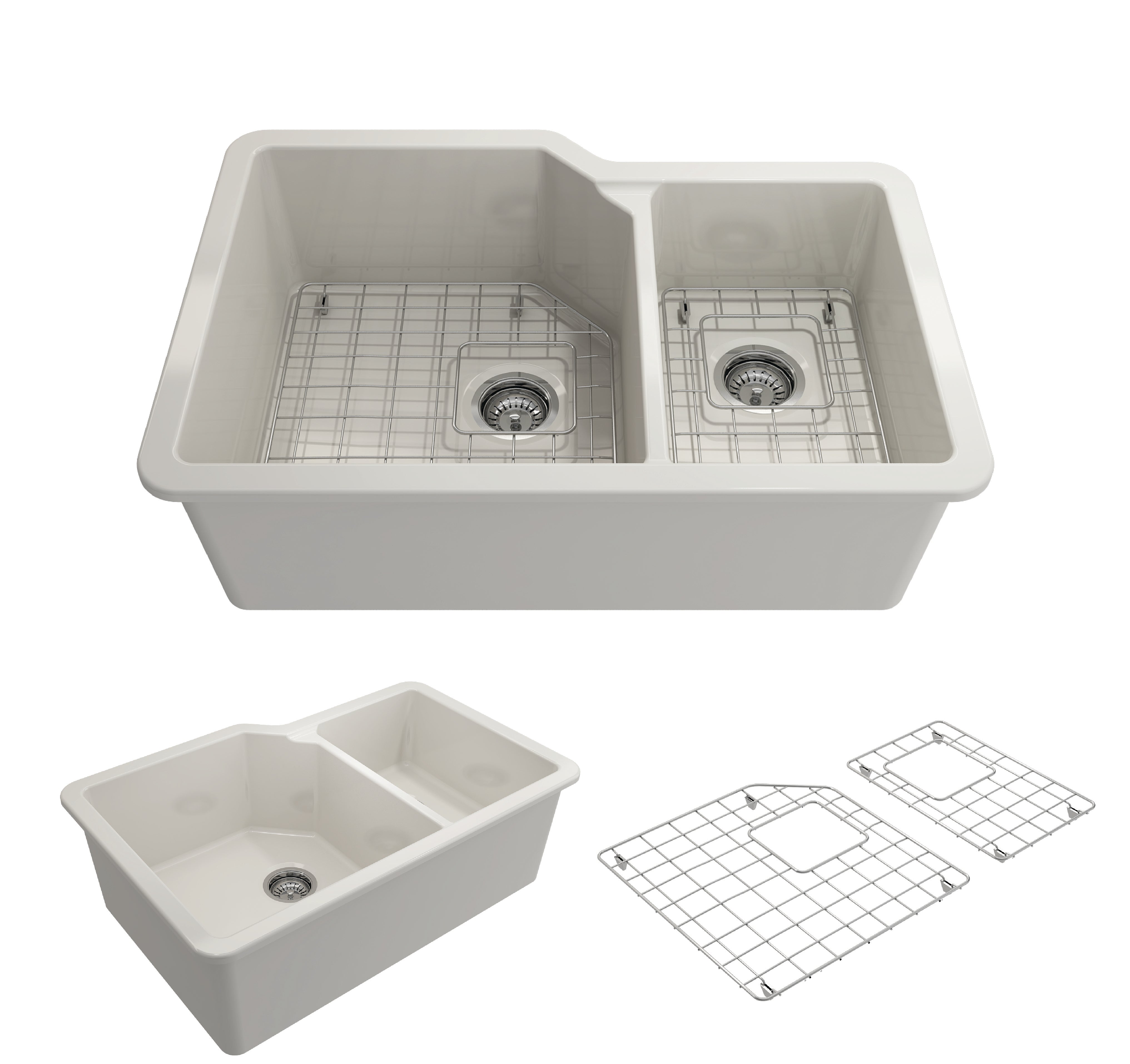 BOCCHI Sotto 33" Dual Mount Fireclay Kitchen Sink with Accessories, 60/40 Double Bowl, Biscuit, 1506-014-0120