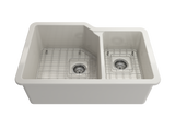 BOCCHI Sotto 33" Dual Mount Fireclay Kitchen Sink with Accessories, 60/40 Double Bowl, Biscuit, 1506-014-0120