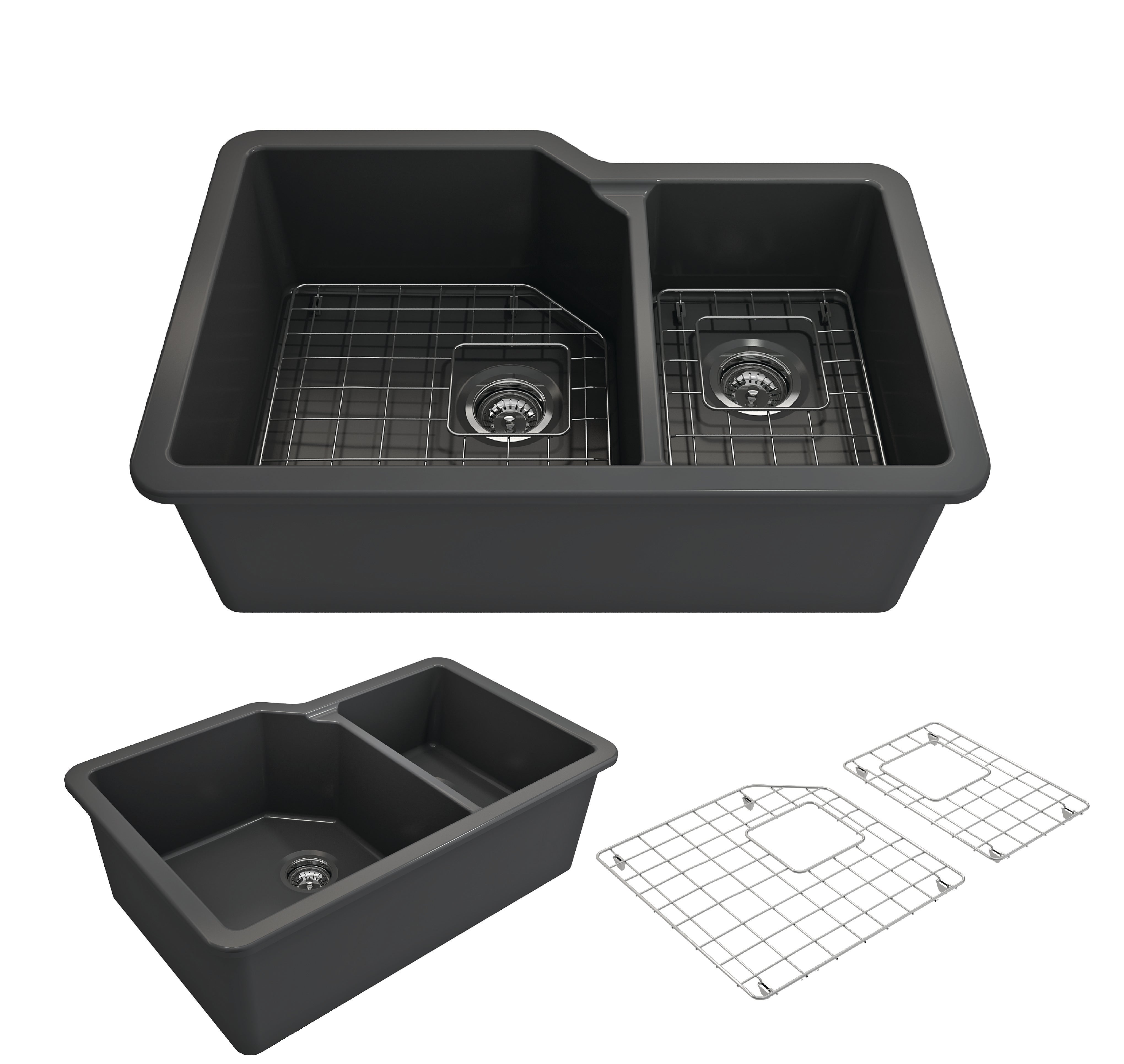 BOCCHI Sotto 33" Dual Mount Fireclay Kitchen Sink with Accessories, 60/40 Double Bowl, Matte Dark Gray, 1506-020-0120