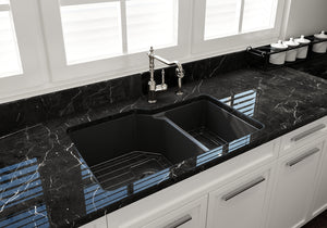 Alternate Image for BOCCHI Sotto 33" Dual Mount Fireclay Kitchen Sink with Accessories, 60/40 Double Bowl, Matte Dark Gray, 1506-020-0120