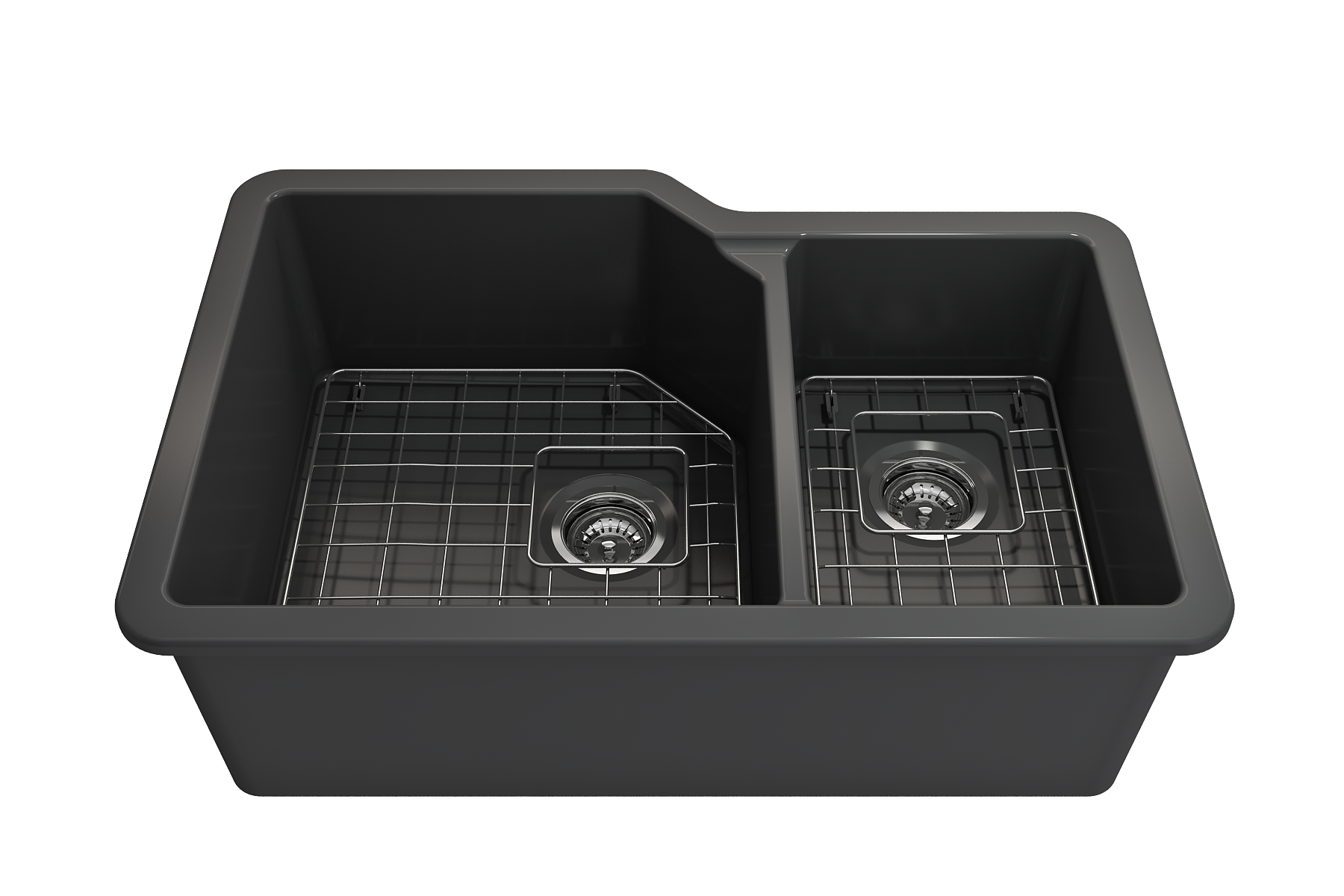 BOCCHI Sotto 33" Dual Mount Fireclay Kitchen Sink with Accessories, 60/40 Double Bowl, Matte Dark Gray, 1506-020-0120