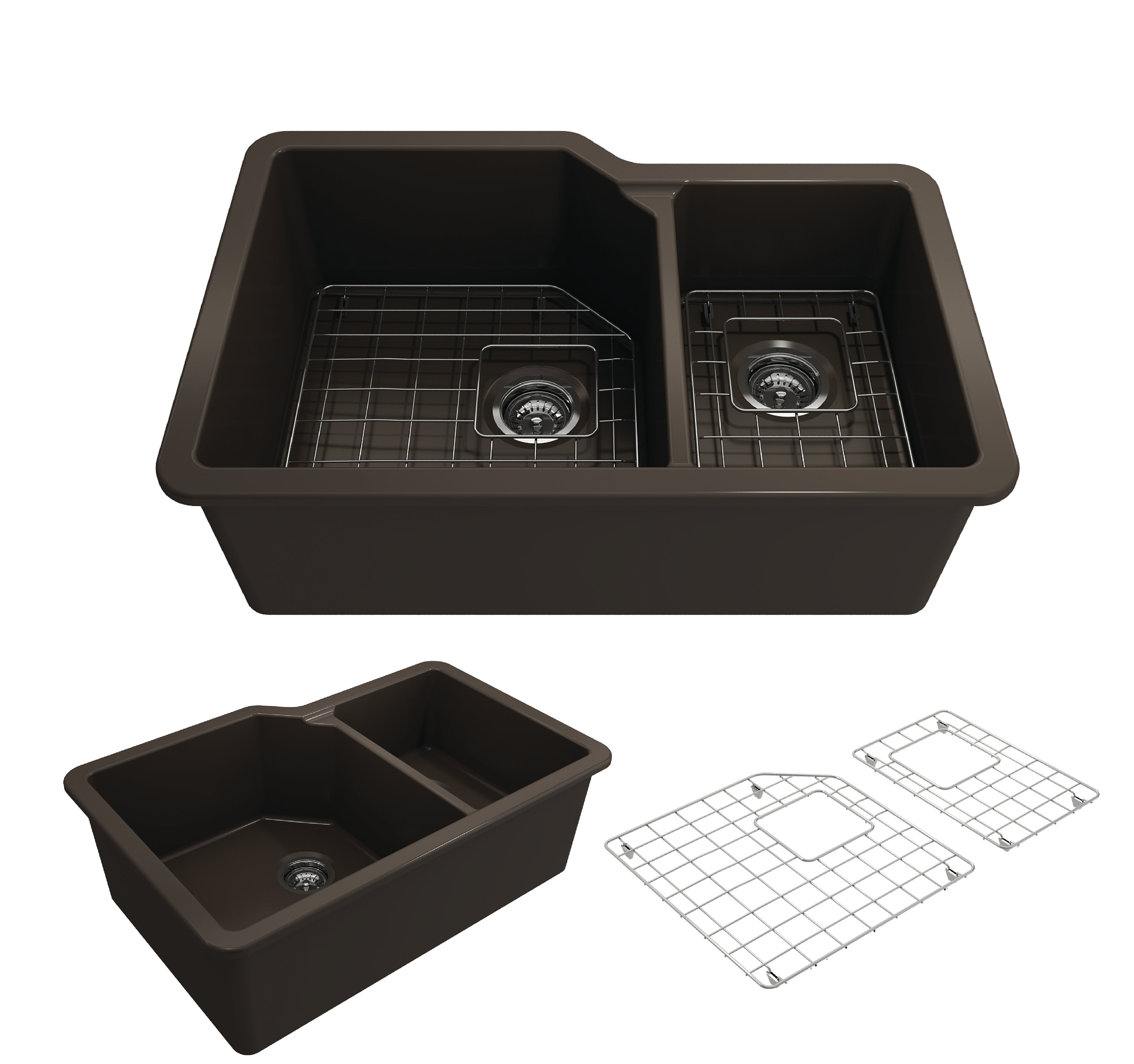 BOCCHI Sotto 33" Dual Mount Fireclay Kitchen Sink with Accessories, 60/40 Double Bowl, Matte Brown, 1506-025-0120