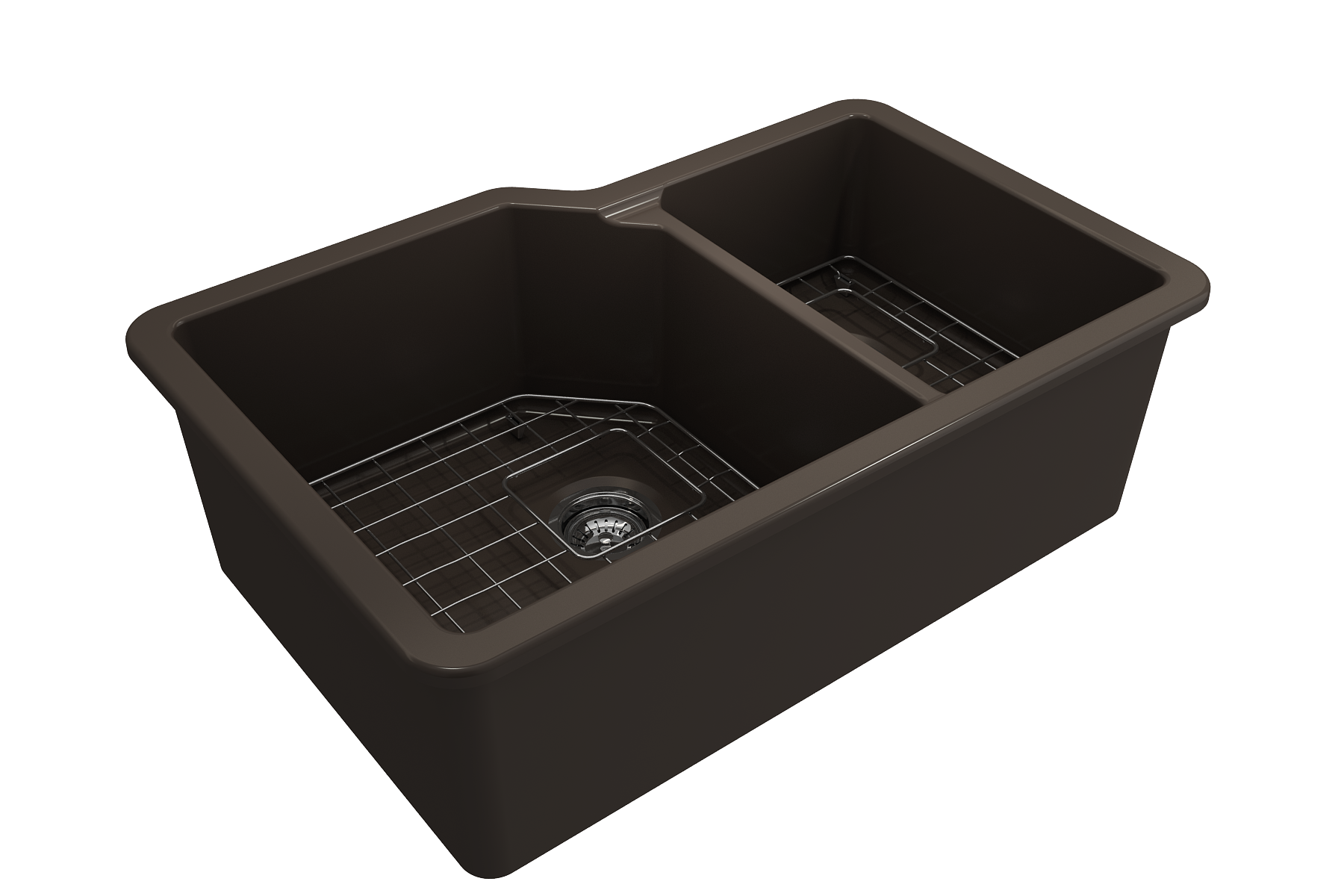 BOCCHI Sotto 33" Dual Mount Fireclay Kitchen Sink with Accessories, 60/40 Double Bowl, Matte Brown, 1506-025-0120