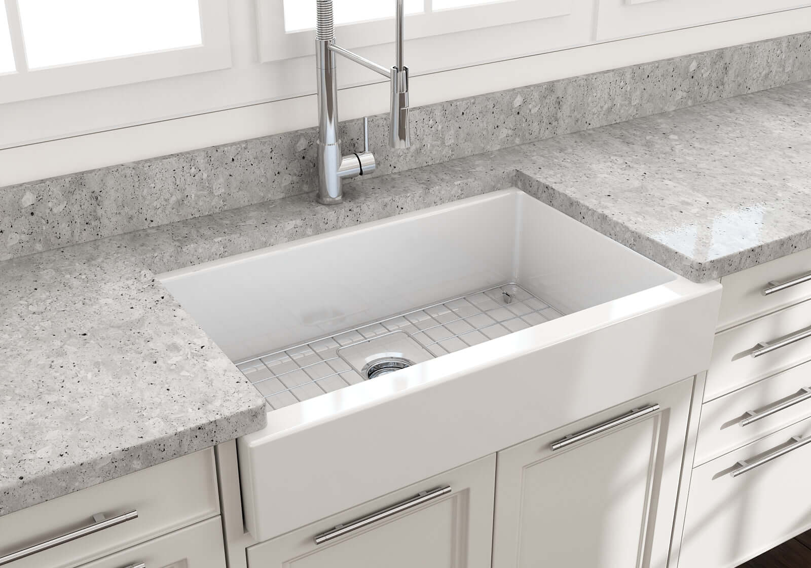 BOCCHI Nuova 34" Fireclay Retrofit Farmhouse Sink with Accessories, White, 1551-001-0120