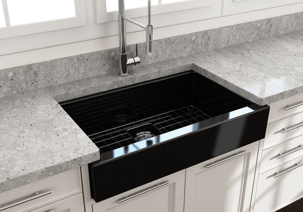 BOCCHI Nuova 34" Fireclay Retrofit Farmhouse Sink with Accessories, Black, 1551-005-0120