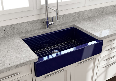 BOCCHI Nuova 34" Fireclay Farmhouse Sink Kit with Accessories, Sapphire Blue, 1551-010-0127