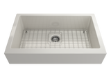 BOCCHI Nuova 34" Fireclay Retrofit Farmhouse Sink with Accessories, Biscuit, 1551-014-0120