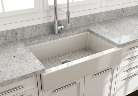 BOCCHI Nuova 34" Fireclay Farmhouse Sink Kit with Accessories, Biscuit, 1551-014-0127