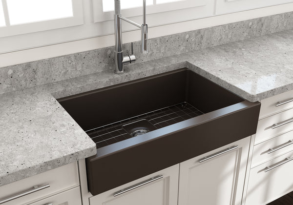 BOCCHI Nuova 34" Fireclay Farmhouse Sink Kit with Accessories, Matte Brown, 1551-025-0120