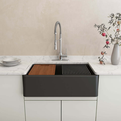 BOCCHI Arona 33" Composite Granite Workstation Farmhouse Sink with Accessories, Matte Black, 1600-504-0120