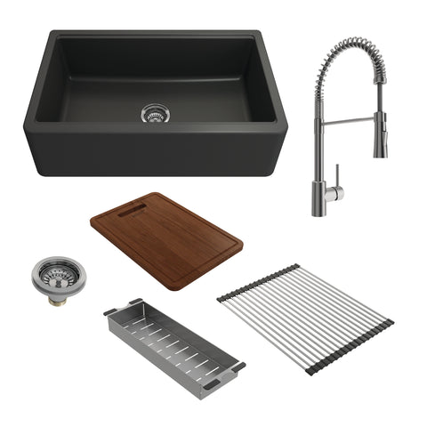 BOCCHI Arona 33" Granite Workstation Farmhouse Sink Kit with Faucet and Accessories, Matte Black (sink) / Stainless Steel (faucet), 1600-504-2020SS