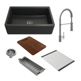 BOCCHI Arona 33" Granite Workstation Farmhouse Sink Kit with Faucet and Accessories, Metallic Black (sink) / Chrome (faucet), 1600-505-2020CH
