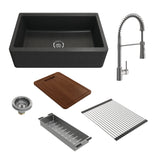 BOCCHI Arona 33" Granite Workstation Farmhouse Sink Kit with Faucet and Accessories, Metallic Black (sink) / Stainless Steel (faucet), 1600-505-2020SS
