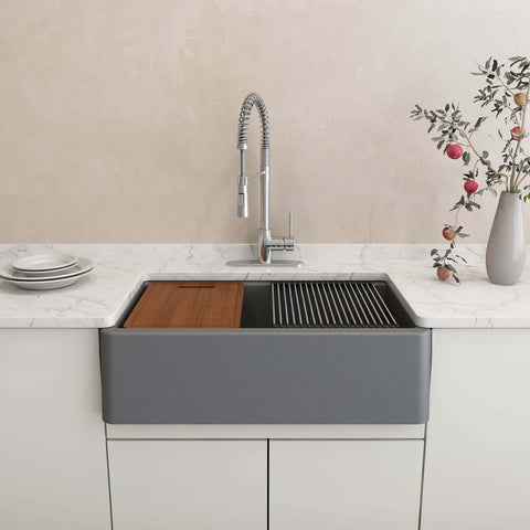 BOCCHI Arona 33" Composite Granite Workstation Farmhouse Sink with Accessories, Concrete Gray, 1600-506-0120