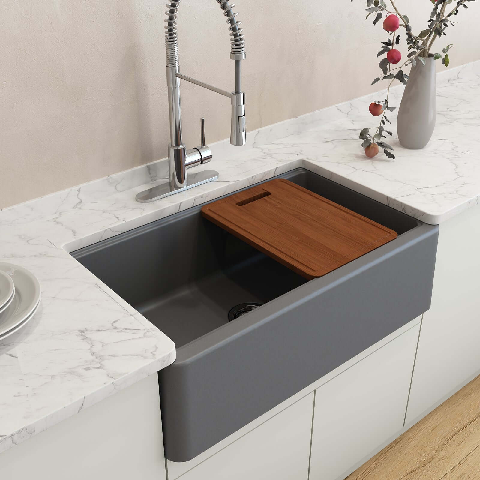 BOCCHI Arona 33" Composite Granite Workstation Farmhouse Sink with Accessories, Concrete Gray, 1600-506-0120